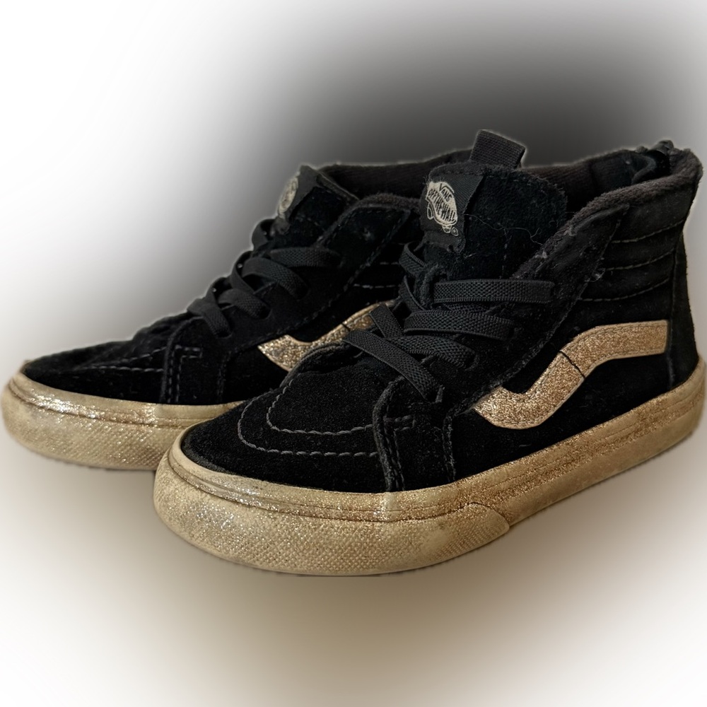 Vans Party Glitter Sk8-Hi Zip Black and Gold Sneaker Shoes, Toddler Girl Size 9